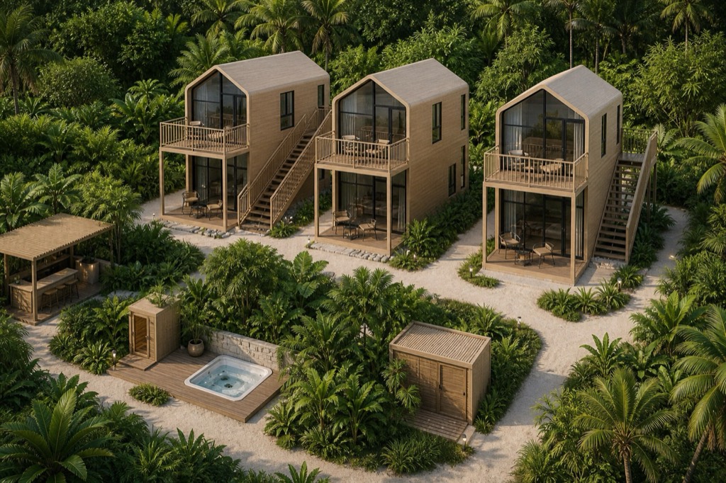Daylight concept of three Amber Coral prefab villas set within a dense tropical garden
